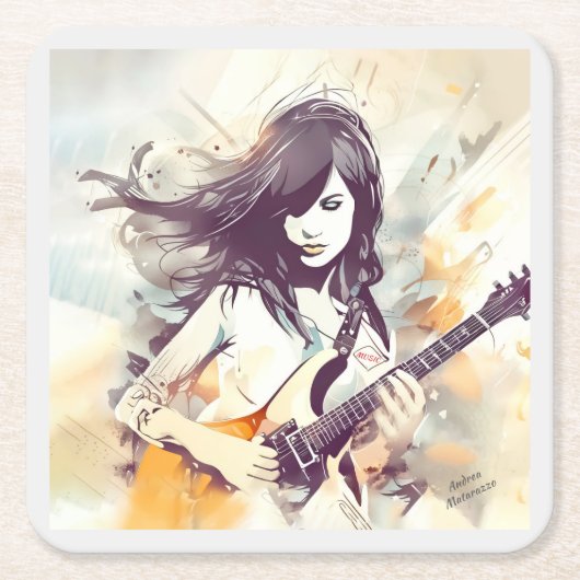 ロック音楽の雰囲気を持つ女の子 スクエアペーパーコースター (正面)