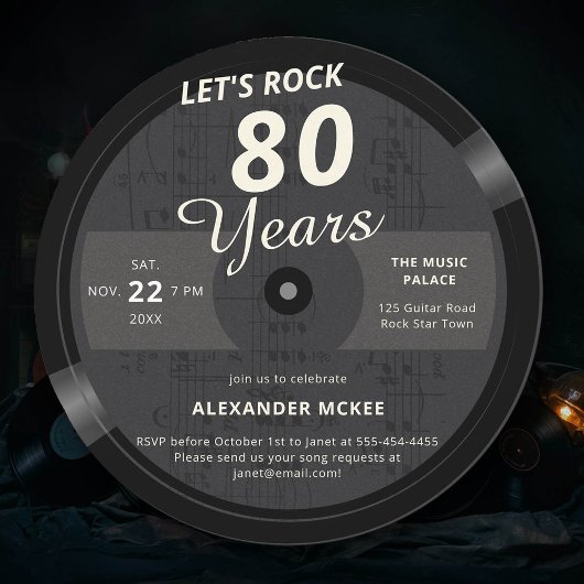 ロック80年ヴィンテージLP音楽 80歳の誕生日 招待状