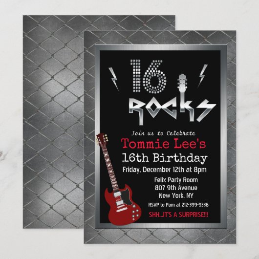 ロック・ギタリスト 16歳の誕生日パーティーの招待状 招待状 (正面/裏面)