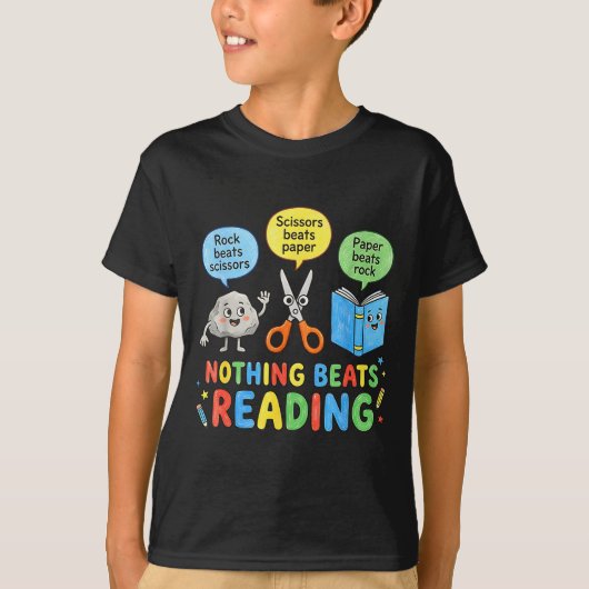 ロック・ペーパー・シザーズじゃ勝てない!読書が一番面白い! Tシャツ (正面)