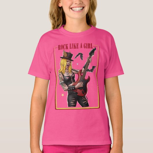 ロック・ライク・ア・ガール - クールなヘヴィメタル・ガール Tシャツ (正面)