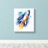 ロッケシップ飛んでいるスルースターズウォーターカラー子供部屋 キャンバスプリント (インサイチュ (ウッドフロア))