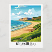 ロッシリスワンシーウェールズヴィンテージトラベルイラストレーション ポストカード (正面)