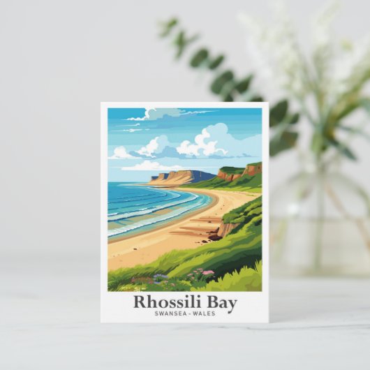 ロッシリスワンシーウェールズヴィンテージトラベルイラストレーション ポストカード (スタンド正面)