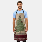 ロッジクリスマスツリータイポグラフィウッドバッファローチェック エプロン (着用した状態)