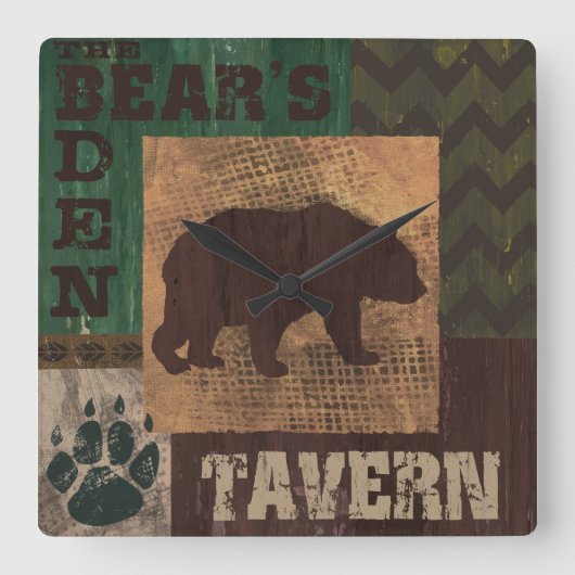 ロッジスタイルベア素朴クロック スクエア壁時計 (正面)