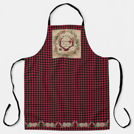 ロッジメリークリスマスディアアントラーバッファローチェック エプロン (正面)