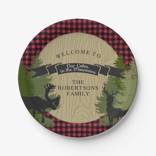 ロッジ山の小屋の素朴な狩りのシカの(雄ジカの)枝角 ペーパープレート (正面)