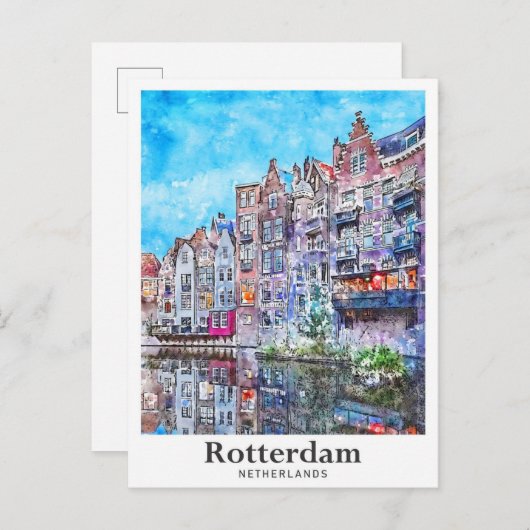 ロッテルダムオランダ旅行水色手描き ポストカード (正面/裏面)