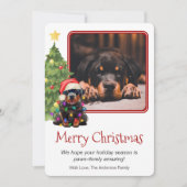 ロットワイラーとクリスマスツリーペットドッグワンフォト シーズンカード (正面)