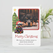 ロットワイラーとクリスマスツリーペットドッグワンフォト シーズンカード (スタンド正面)