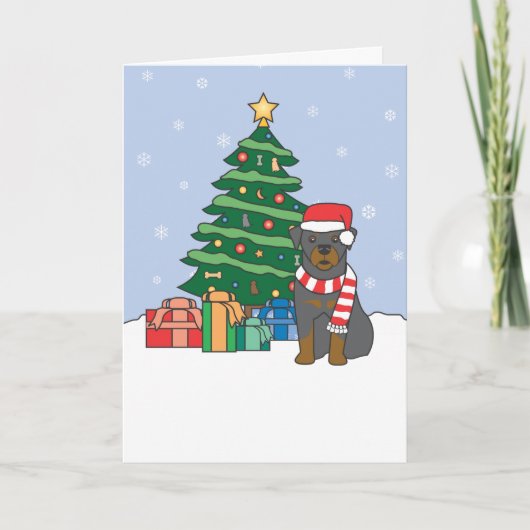 ロットワイラーとクリスマスツリー シーズンカード (正面)