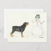 ロットワイラーと雪だるまドッグアートポストカード ポストカード (正面/裏面)