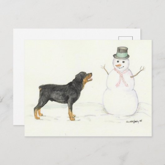 ロットワイラーと雪だるまドッグアートポストカード ポストカード (正面/裏面)