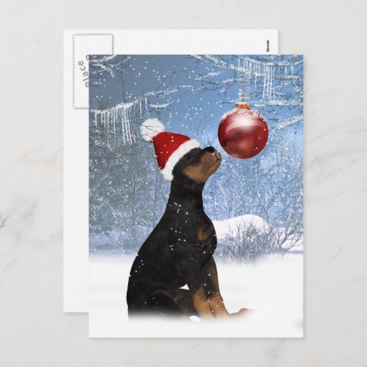 ロットワイラーの子犬が付いている冬休みの郵便はがき シーズンポストカード (正面/裏面)