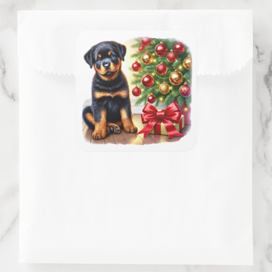 ロットワイラーの子犬クリスマスツリーの隣 スクエアシール (バッグ)