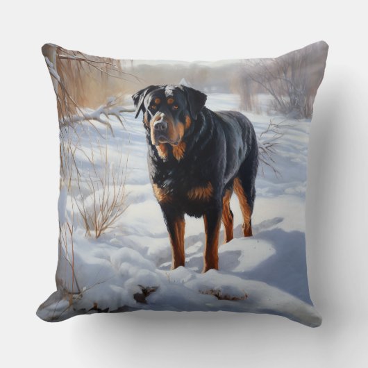 ロットワイラーは雪のクリスマスを許す クッション (正面)