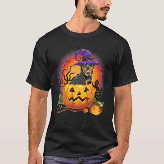 ロットワイラーウィッチパンプキンハロウィーンドッグ恋人 Tシャツ (正面)