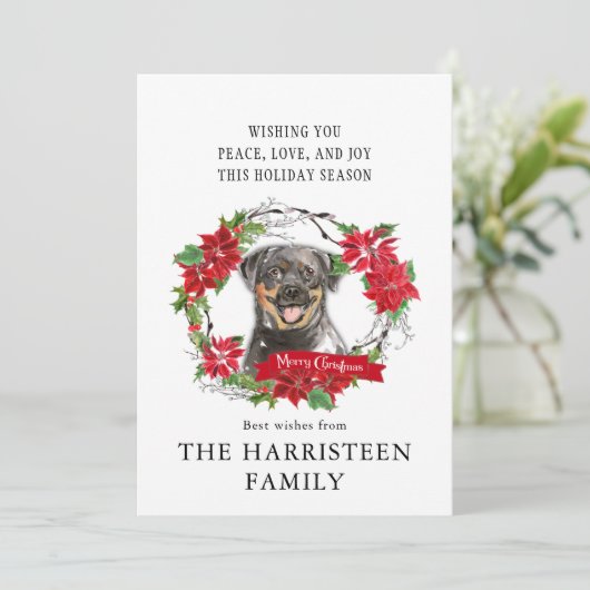 ロットワイラーウォーターカラーポインセチアリースクリスマス シーズンカード (スタンド正面)