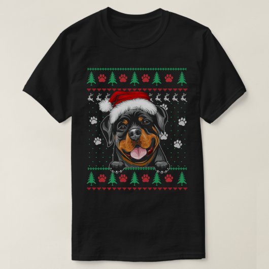 ロットワイラークリスマスの醜いおもしろいセーターロッティドッグ Tシャツ (デザイン正面)