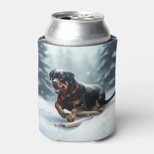 ロットワイラークリスマススノーウィンター装飾用クッション 缶クーラー (缶正面)