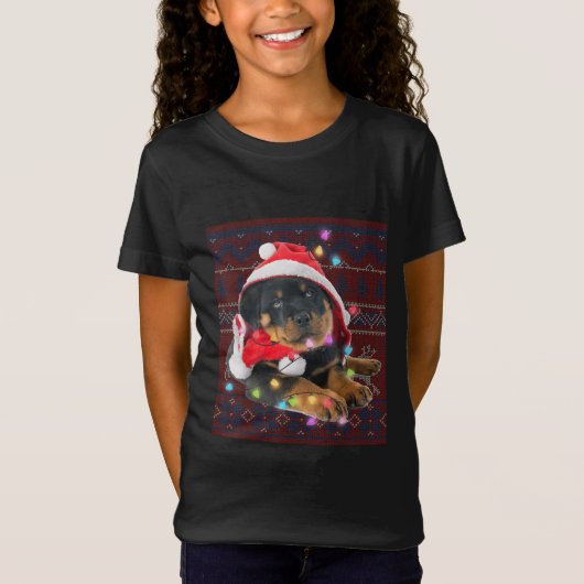 ロットワイラークリスマスライト醜いセーター犬の恋人 Tシャツ (正面)