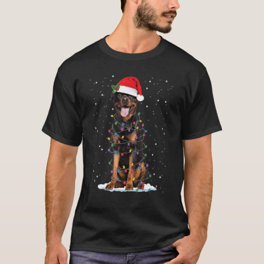 ロットワイラークリスマスライト&サンタハットクリスマスドッグ Tシャツ (正面)