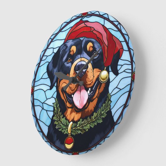 ロットワイラーステンドグラスのクリスマス ラージ壁時計 (傾斜)