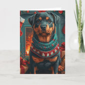 ロットワイラードッグとクリスマスプレゼント暖炉 カード (正面)