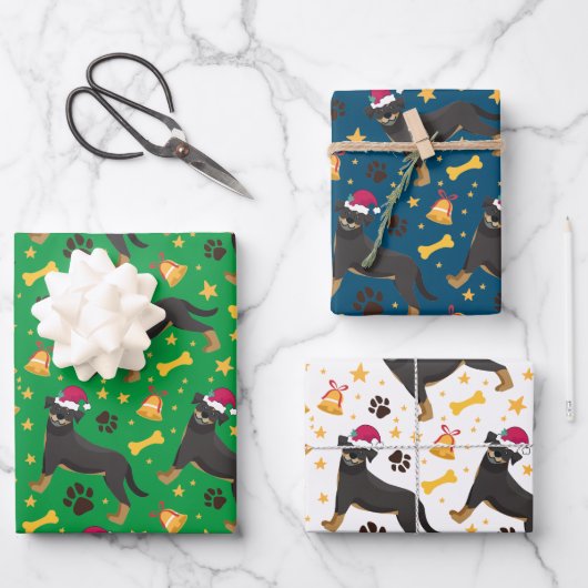 ロットワイラードッグとサンタハットクリスマス ラッピングペーパーシート (正面)