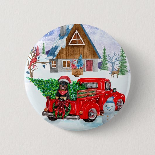 ロットワイラードッグのクリスマスデリバリートラック雪 缶バッジ (正面)