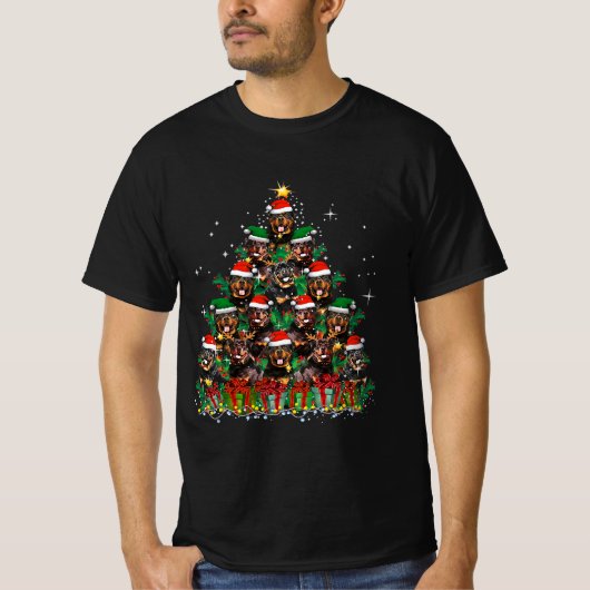 ロットワイラードッグクリスマスツリーファミリークリスマスパジャマ Tシャツ (正面)