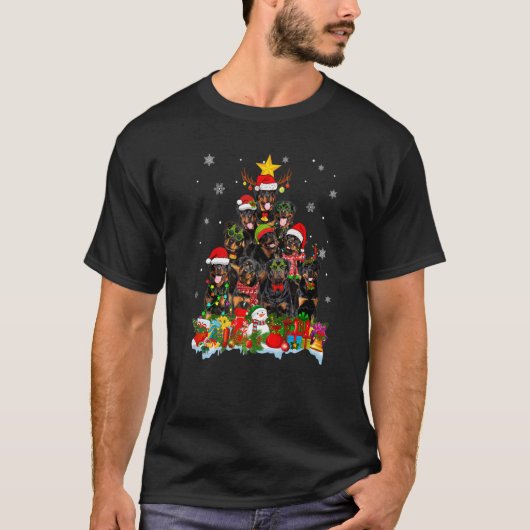 ロットワイラードッグクリスマスツリーライトズクリスマスサンタハ Tシャツ (正面)