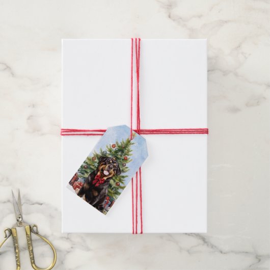ロットワイラードッグクリスマスツリー ギフトタグ (より糸付き)