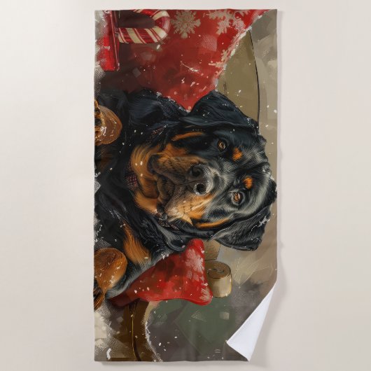 ロットワイラードッグクリスマスフェスティバル ビーチタオル (正面)