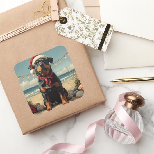 ロットワイラードッグクリスマスヴィンテージビーチ スクエアシール (ギフト)