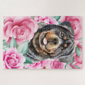 ロットワイラードッグ顔水彩スケッチピンクローズ ジグソーパズル (横)