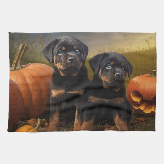 ロットワイラーパピーオータムデライトカボチャ キッチンタオル (横)
