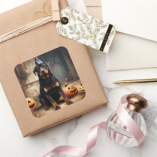 ロットワイラーパンプキンズハロウィンホラー スクエアシール (ギフト)