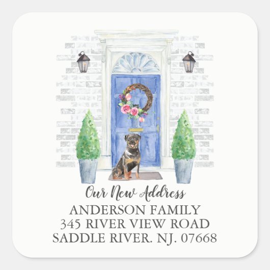 ロットワイラーブルードア新しい住所ラベルシール スクエアシール (正面)