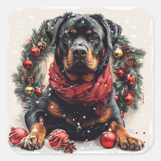 ロットワイラー付きクリスマスリース スクエアシール (正面)