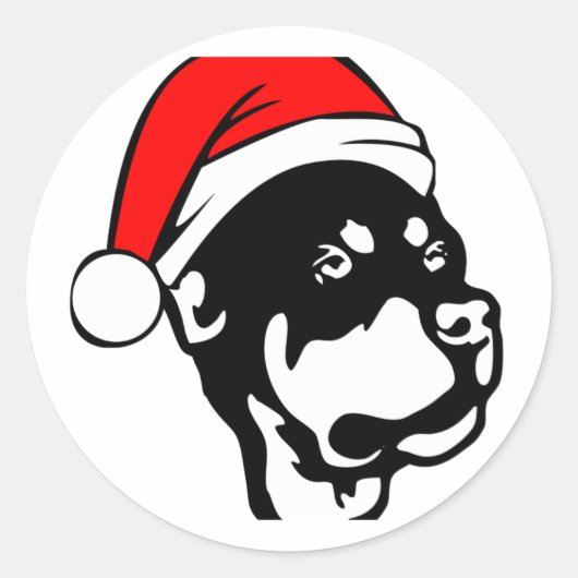 ロットワイラー犬が赤いクリスマスサンタハットを着て ラウンドシール (正面)