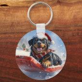 ロットワイラー犬のソリで雪のクリスマス キーホルダー (裏面)