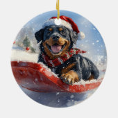 ロットワイラー犬のソリで雪のクリスマス セラミックオーナメント (裏面)