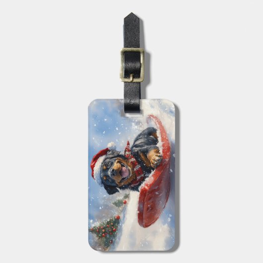 ロットワイラー犬のソリで雪のクリスマス ラゲッジタグ (正面縦)