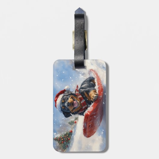 ロットワイラー犬のソリで雪のクリスマス ラゲッジタグ (裏面縦)