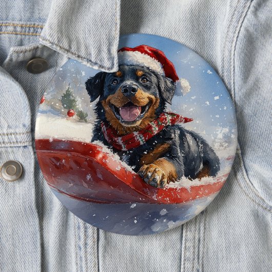 ロットワイラー犬のソリで雪のクリスマス 缶バッジ (インサイチュ)