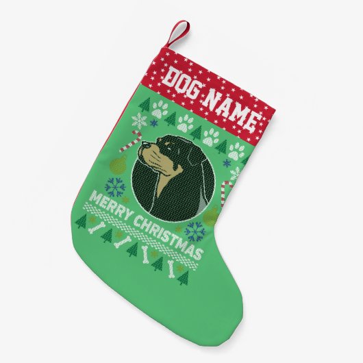 ロットワイラー犬は醜いクリスマスセーターを育てる スモールクリスマスストッキング (正面 (吊り時))