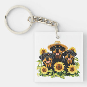 ロットワイラー犬ひまわりの花 キーホルダー