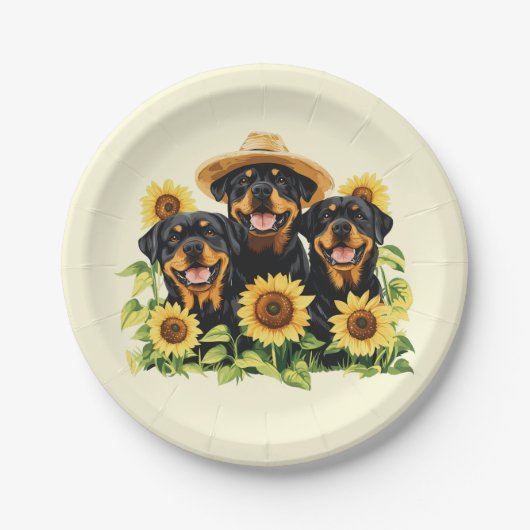 ロットワイラー犬ひまわりの花 ペーパープレート (正面)